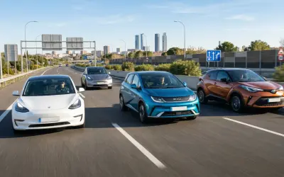 Un Tesla blanco, un BYD azul y un Toyota naranja circulan por una autopista, mostrando los coches eléctricos más vendidos.