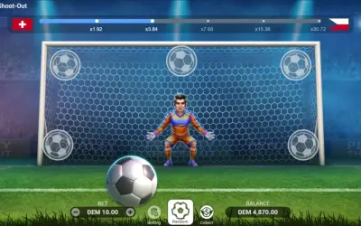 Penaltis casino paso a paso: del tiro al resultado. Un portero espera el disparo en un campo de fútbol virtual, listo para detener el balón.