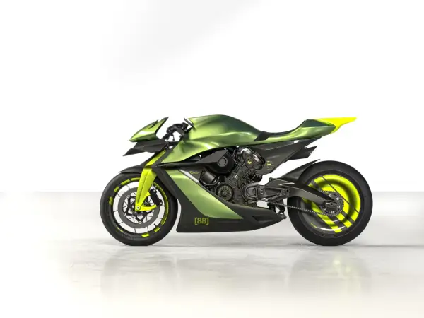 La Aston Martin AMB 001, una moto deportiva futurista en verde metálico y detalles neón, lista para la velocidad.