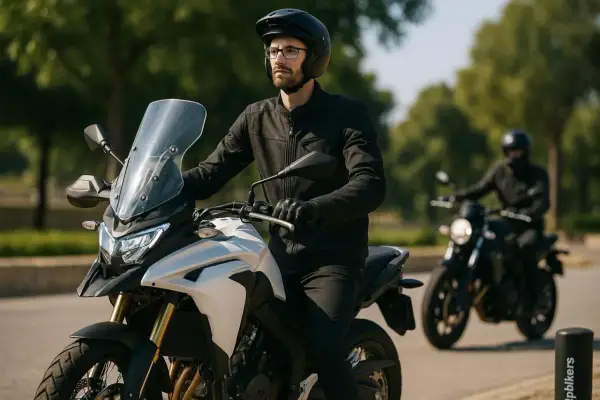 Hombre con casco y gafas en una moto blanca, listo para la aventura. Detrás, otra de las motos potentes sigue el camino.
